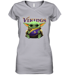 Baby Yoda Loves The Minnesota Vikings Star Wars Baby Yoda Hugs Vikings NFL Womens V-Neck T-Shirt Womens V-Neck T-Shirt - VeigarTee