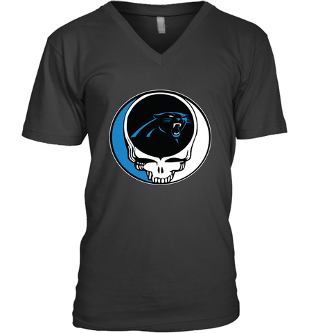 Carolina Panthers Grateful Dead Steal Your Face NFL Football Mens V-Neck T-Shirt Mens V-Neck T-Shirt / Black / S Mens V-Neck T-Shirt - VeigarTee