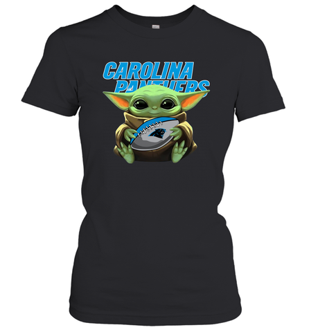 Baby Yoda Loves The Carolina Panthers Star Wars Baby Yoda Hugs Panthers NFL Womens T-Shirt Womens T-Shirt / Black / XS Womens T-Shirt - VeigarTee