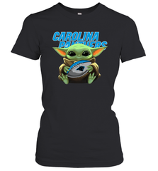 Baby Yoda Loves The Carolina Panthers Star Wars Baby Yoda Hugs Panthers NFL Womens T-Shirt Womens T-Shirt - VeigarTee