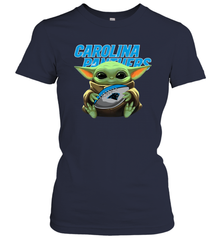 Baby Yoda Loves The Carolina Panthers Star Wars Baby Yoda Hugs Panthers NFL Womens T-Shirt Womens T-Shirt - VeigarTee