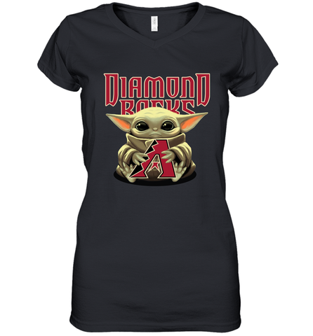 Baby Yoda Hugs Loves The Arizona Diamondbacks Baseball Womens V-Neck T-Shirt Womens V-Neck T-Shirt / Black / S Womens V-Neck T-Shirt - VeigarTee