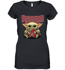 Baby Yoda Hugs Loves The Arizona Diamondbacks Baseball Womens V-Neck T-Shirt Womens V-Neck T-Shirt - VeigarTee