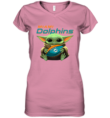 Baby Yoda Loves The Miami Dolphins Star Wars Baby Yoda Hugs Dolphins NFL Womens V-Neck T-Shirt Womens V-Neck T-Shirt - VeigarTee