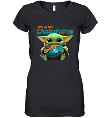 Baby Yoda Loves The Miami Dolphins Star Wars Baby Yoda Hugs Dolphins NFL Womens V-Neck T-Shirt Womens V-Neck T-Shirt - VeigarTee