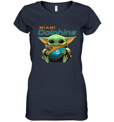Baby Yoda Loves The Miami Dolphins Star Wars Baby Yoda Hugs Dolphins NFL Womens V-Neck T-Shirt Womens V-Neck T-Shirt - VeigarTee