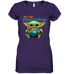 Baby Yoda Loves The Miami Dolphins Star Wars Baby Yoda Hugs Dolphins NFL Womens V-Neck T-Shirt Womens V-Neck T-Shirt - VeigarTee
