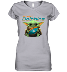Baby Yoda Loves The Miami Dolphins Star Wars Baby Yoda Hugs Dolphins NFL Womens V-Neck T-Shirt Womens V-Neck T-Shirt - VeigarTee