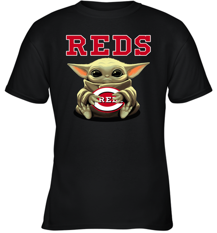 Baby Yoda Hugs Loves The Cincinnati Reds Baseball Youth T-Shirt Youth T-Shirt / Black / XS Youth T-Shirt - VeigarTee