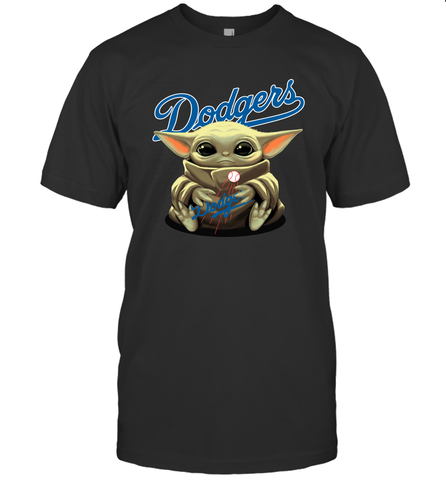 Baby Yoda Hugs Loves The Los Angeles Dodgers Baseball Mens T-Shirt Mens T-Shirt / Black / S Mens T-Shirt - VeigarTee