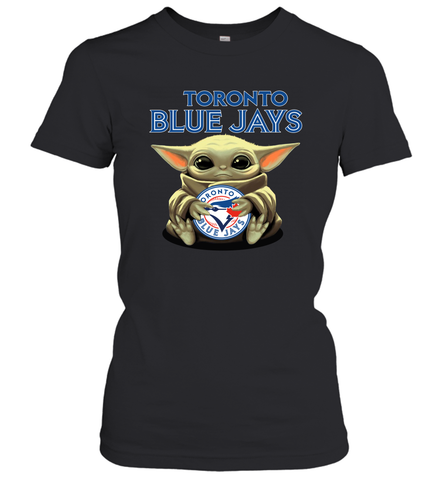 Baby Yoda Hugs Loves The Toronto Blue Jays Baseball Womens T-Shirt Womens T-Shirt / Black / XS Womens T-Shirt - VeigarTee