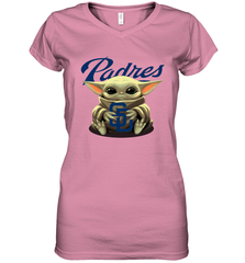 Baby Yoda Hugs Loves The San Diego Padres Baseball Womens V-Neck T-Shirt Womens V-Neck T-Shirt - VeigarTee
