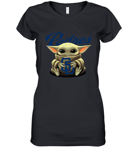 Baby Yoda Hugs Loves The San Diego Padres Baseball Womens V-Neck T-Shirt Womens V-Neck T-Shirt / Black / S Womens V-Neck T-Shirt - VeigarTee
