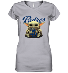 Baby Yoda Hugs Loves The San Diego Padres Baseball Womens V-Neck T-Shirt Womens V-Neck T-Shirt - VeigarTee