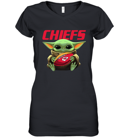 Baby Yoda Loves The Kansas City Chiefs Star Wars Baby Yoda Hugs Chiefs NFL Womens V-Neck T-Shirt Womens V-Neck T-Shirt / Black / S Womens V-Neck T-Shirt - VeigarTee