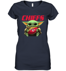 Baby Yoda Loves The Kansas City Chiefs Star Wars Baby Yoda Hugs Chiefs NFL Womens V-Neck T-Shirt Womens V-Neck T-Shirt - VeigarTee