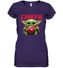 Baby Yoda Loves The Kansas City Chiefs Star Wars Baby Yoda Hugs Chiefs NFL Womens V-Neck T-Shirt Womens V-Neck T-Shirt - VeigarTee