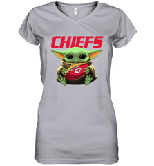 Baby Yoda Loves The Kansas City Chiefs Star Wars Baby Yoda Hugs Chiefs NFL Womens V-Neck T-Shirt Womens V-Neck T-Shirt - VeigarTee