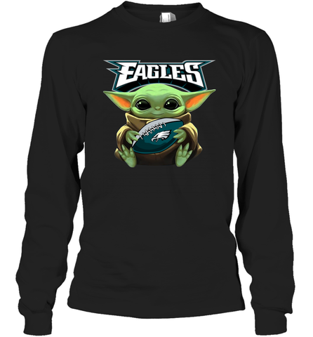 Baby Yoda Loves The Philadelphia Eagles Star Wars Baby Yoda Hugs Eagles NFL Adult Long Sleeve T-Shirt Adult Long Sleeve T-Shirt / Black / S Adult Long Sleeve T-Shirt - VeigarTee