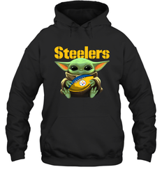 Baby Yoda Loves The Pittsburgh Steelers Star Wars Baby Yoda Hugs Steelers NFL Adult Hoodie Sweatshirt