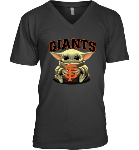 Baby Yoda Hugs Loves The San Francisco GiantsBaseball Mens V-Neck T-Shirt Mens V-Neck T-Shirt / Black / S Mens V-Neck T-Shirt - VeigarTee