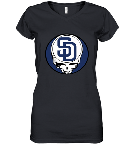 San Diego Padres Grateful Dead Steal Your Face Baseball Womens V-Neck T-Shirt Womens V-Neck T-Shirt / Black / S Womens V-Neck T-Shirt - VeigarTee