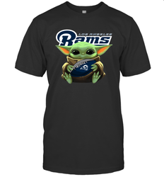 Baby Yoda Loves The Los Angeles Rams Star Wars Baby Yoda Hugs Rams NFL Mens T-Shirt