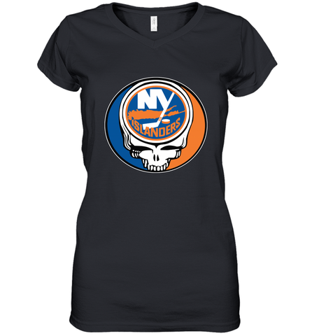 New York Islanders Grateful Dead Steal Your Face Hockey NHL Womens V-Neck T-Shirt Womens V-Neck T-Shirt / Black / S Womens V-Neck T-Shirt - VeigarTee