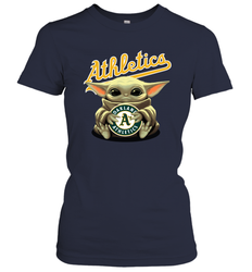 Baby Yoda Hugs Loves The Oakland Athletics Baseball Womens T-Shirt