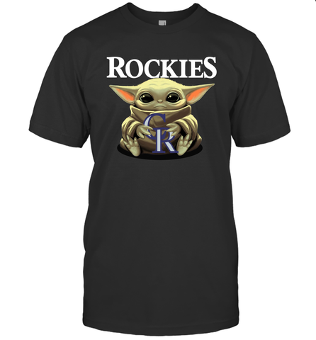 Baby Yoda Hugs Loves The Colorado Rockies Baseball Mens T-Shirt Mens T-Shirt / Black / S Mens T-Shirt - VeigarTee