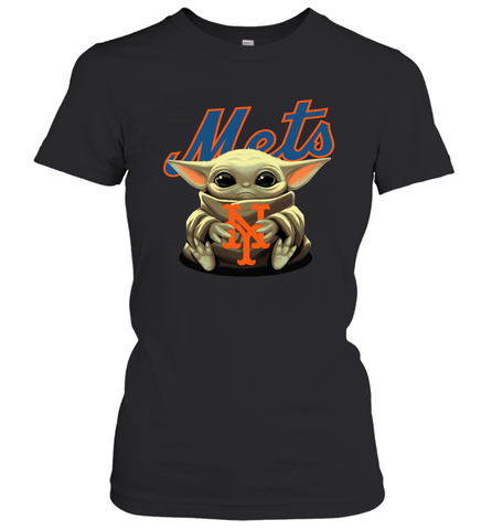 Baby Yoda Hugs Loves The New York Mets Baseball Womens T-Shirt Womens T-Shirt / Black / XS Womens T-Shirt - VeigarTee