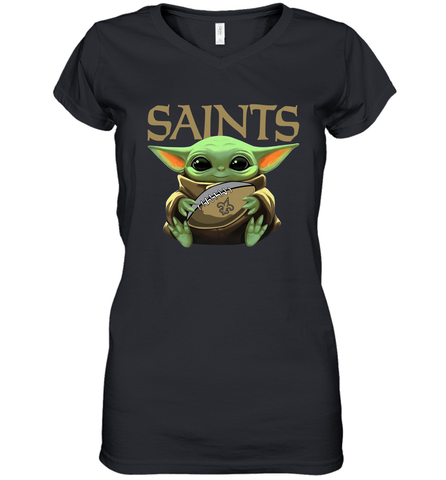Baby Yoda Loves The New Orleans Saints Star Wars Baby Yoda Hugs Saints NFL Womens V-Neck T-Shirt Womens V-Neck T-Shirt / Black / S Womens V-Neck T-Shirt - VeigarTee