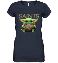 Baby Yoda Loves The New Orleans Saints Star Wars Baby Yoda Hugs Saints NFL Womens V-Neck T-Shirt Womens V-Neck T-Shirt - VeigarTee
