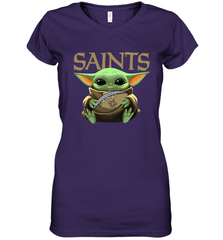 Baby Yoda Loves The New Orleans Saints Star Wars Baby Yoda Hugs Saints NFL Womens V-Neck T-Shirt Womens V-Neck T-Shirt - VeigarTee