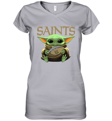 Baby Yoda Loves The New Orleans Saints Star Wars Baby Yoda Hugs Saints NFL Womens V-Neck T-Shirt Womens V-Neck T-Shirt - VeigarTee