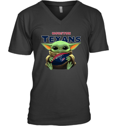 Baby Yoda Loves The Houston Texans Star Wars Baby Yoda Hugs Texans NFL Mens V-Neck T-Shirt