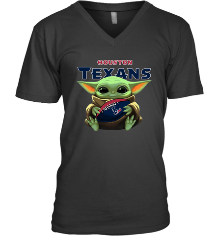 Baby Yoda Loves The Houston Texans Star Wars Baby Yoda Hugs Texans NFL Mens V-Neck T-Shirt Mens V-Neck T-Shirt / Black / S Mens V-Neck T-Shirt - VeigarTee