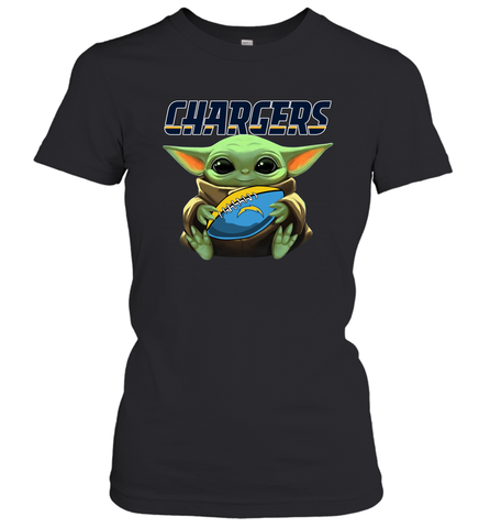 Baby Yoda Loves The Los Angeles Chargers Star Wars Baby Yoda Hugs Chargers NFL Womens T-Shirt Womens T-Shirt / Black / XS Womens T-Shirt - VeigarTee
