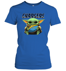 Baby Yoda Loves The Los Angeles Chargers Star Wars Baby Yoda Hugs Chargers NFL Womens T-Shirt Womens T-Shirt - VeigarTee