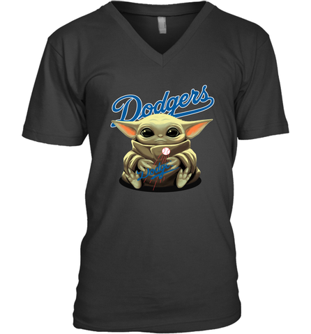 Baby Yoda Hugs Loves The Los Angeles Dodgers Baseball Mens V-Neck T-Shirt Mens V-Neck T-Shirt / Black / S Mens V-Neck T-Shirt - VeigarTee