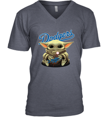 Baby Yoda Hugs Loves The Los Angeles Dodgers Baseball Mens V-Neck T-Shirt Mens V-Neck T-Shirt - VeigarTee