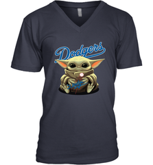 Baby Yoda Hugs Loves The Los Angeles Dodgers Baseball Mens V-Neck T-Shirt Mens V-Neck T-Shirt - VeigarTee