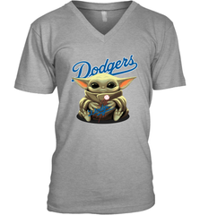 Baby Yoda Hugs Loves The Los Angeles Dodgers Baseball Mens V-Neck T-Shirt Mens V-Neck T-Shirt - VeigarTee