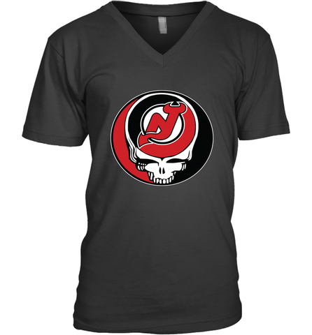 New Jersey Devils Grateful Dead Steal Your Face Hockey NHL Mens V-Neck T-Shirt Mens V-Neck T-Shirt / Black / S Mens V-Neck T-Shirt - VeigarTee