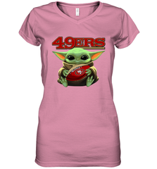 Baby Yoda Loves The San Francisco 49ers Star Wars Baby Yoda Hugs 49ers NFL Womens V-Neck T-Shirt Womens V-Neck T-Shirt - VeigarTee