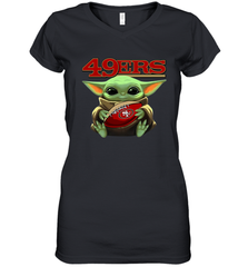 Baby Yoda Loves The San Francisco 49ers Star Wars Baby Yoda Hugs 49ers NFL Womens V-Neck T-Shirt Womens V-Neck T-Shirt - VeigarTee