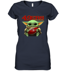 Baby Yoda Loves The San Francisco 49ers Star Wars Baby Yoda Hugs 49ers NFL Womens V-Neck T-Shirt Womens V-Neck T-Shirt - VeigarTee