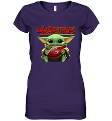 Baby Yoda Loves The San Francisco 49ers Star Wars Baby Yoda Hugs 49ers NFL Womens V-Neck T-Shirt Womens V-Neck T-Shirt - VeigarTee