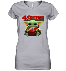 Baby Yoda Loves The San Francisco 49ers Star Wars Baby Yoda Hugs 49ers NFL Womens V-Neck T-Shirt Womens V-Neck T-Shirt - VeigarTee