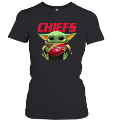 Baby Yoda Loves The Kansas City Chiefs Star Wars Baby Yoda Hugs Chiefs NFL Womens T-Shirt